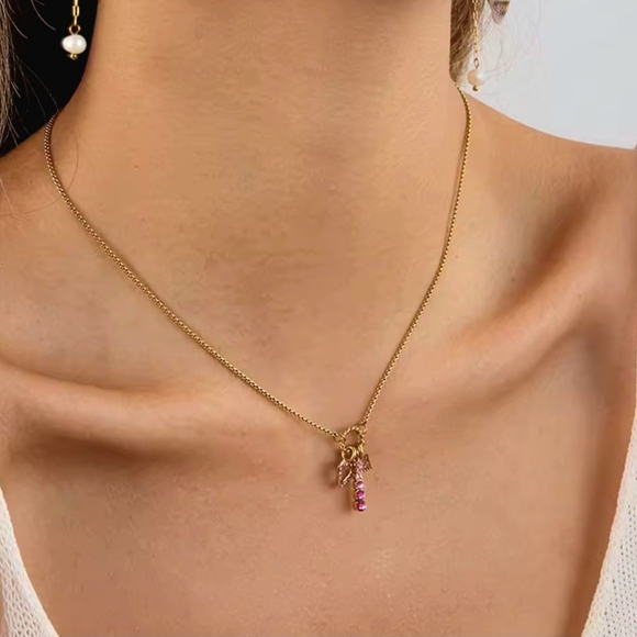 Gold Tone Dainty Twist Ring Pendant Pink Stone Charm Necklace - Picture 3 of 9